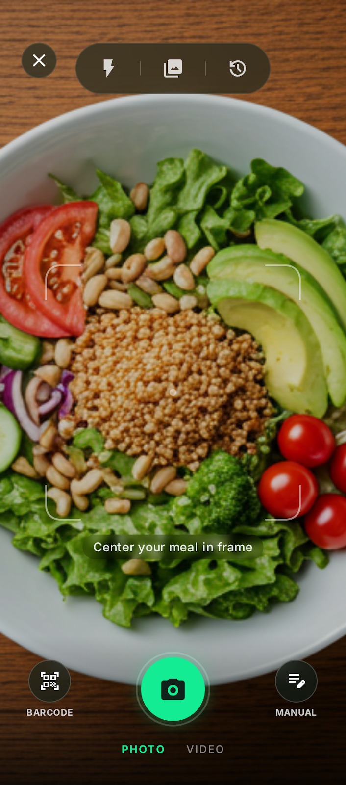 NutriLish camera capture pointed at a salad with avocado, tomatoes, beans, and broccoli