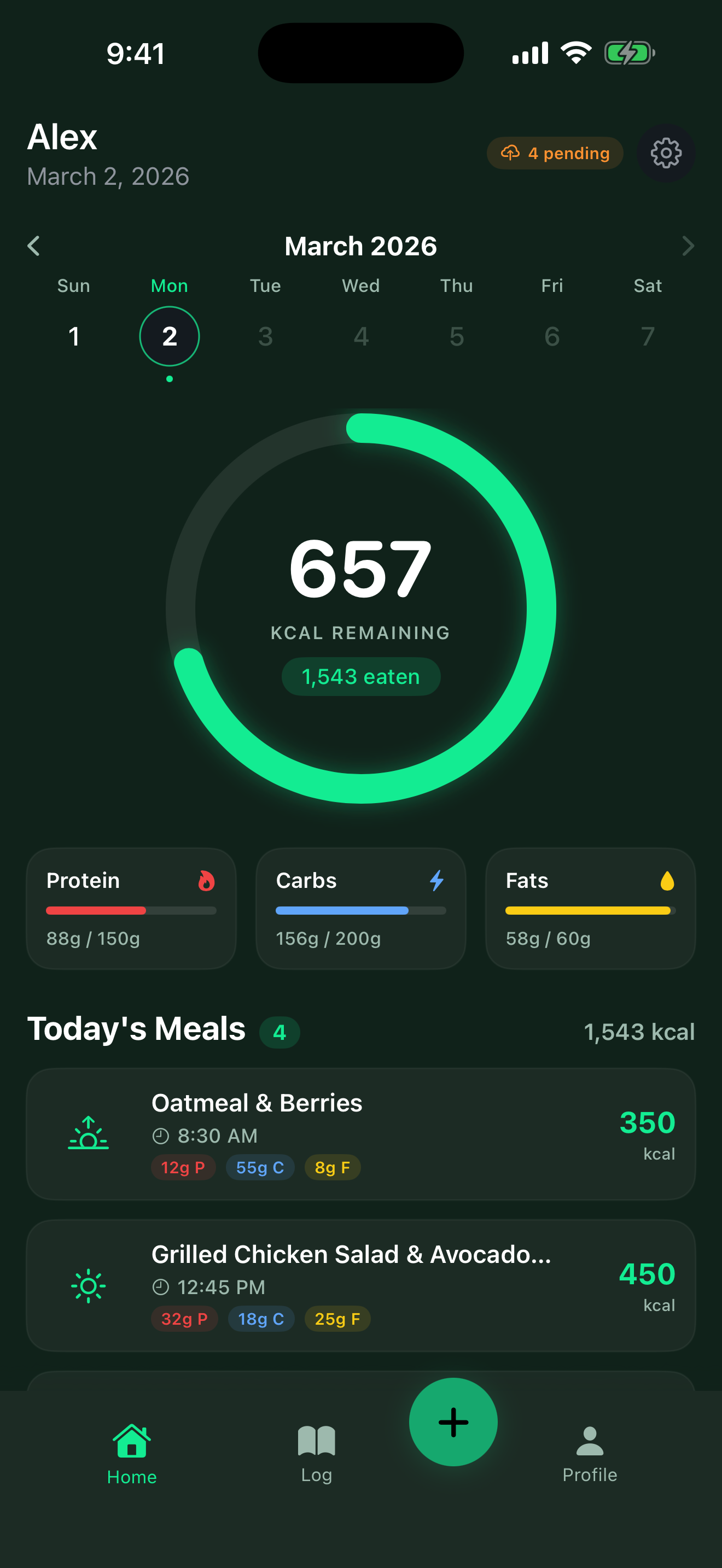 NutriLish dashboard with 657 kcal remaining ring and macro breakdown for the day