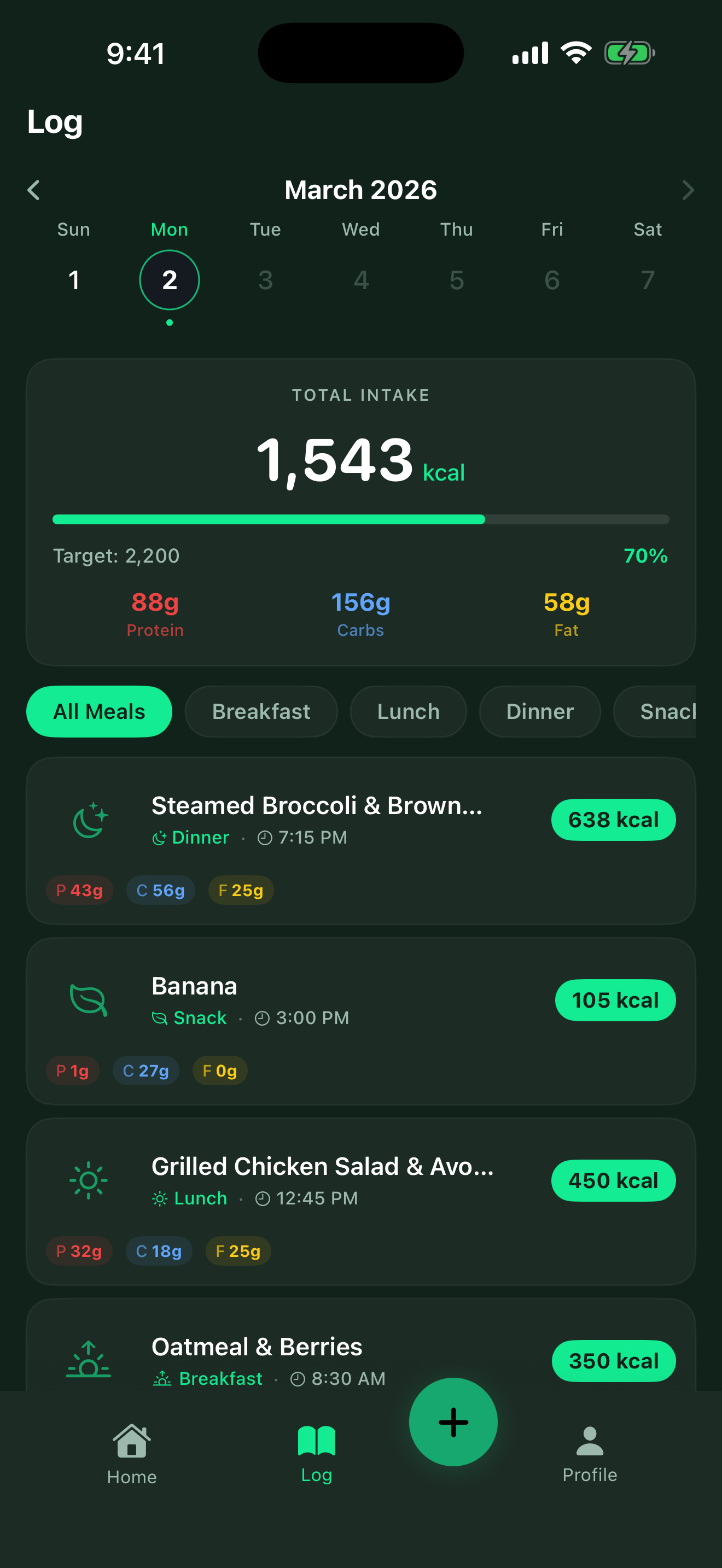 NutriLish daily log showing 1,543 kcal of 2,200 target with macro breakdown — 88g protein, 156g carbs, 58g fat — and a list of logged meals